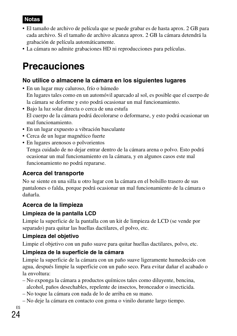 Precauciones | Sony DSC-W310 User Manual | Page 106 / 515