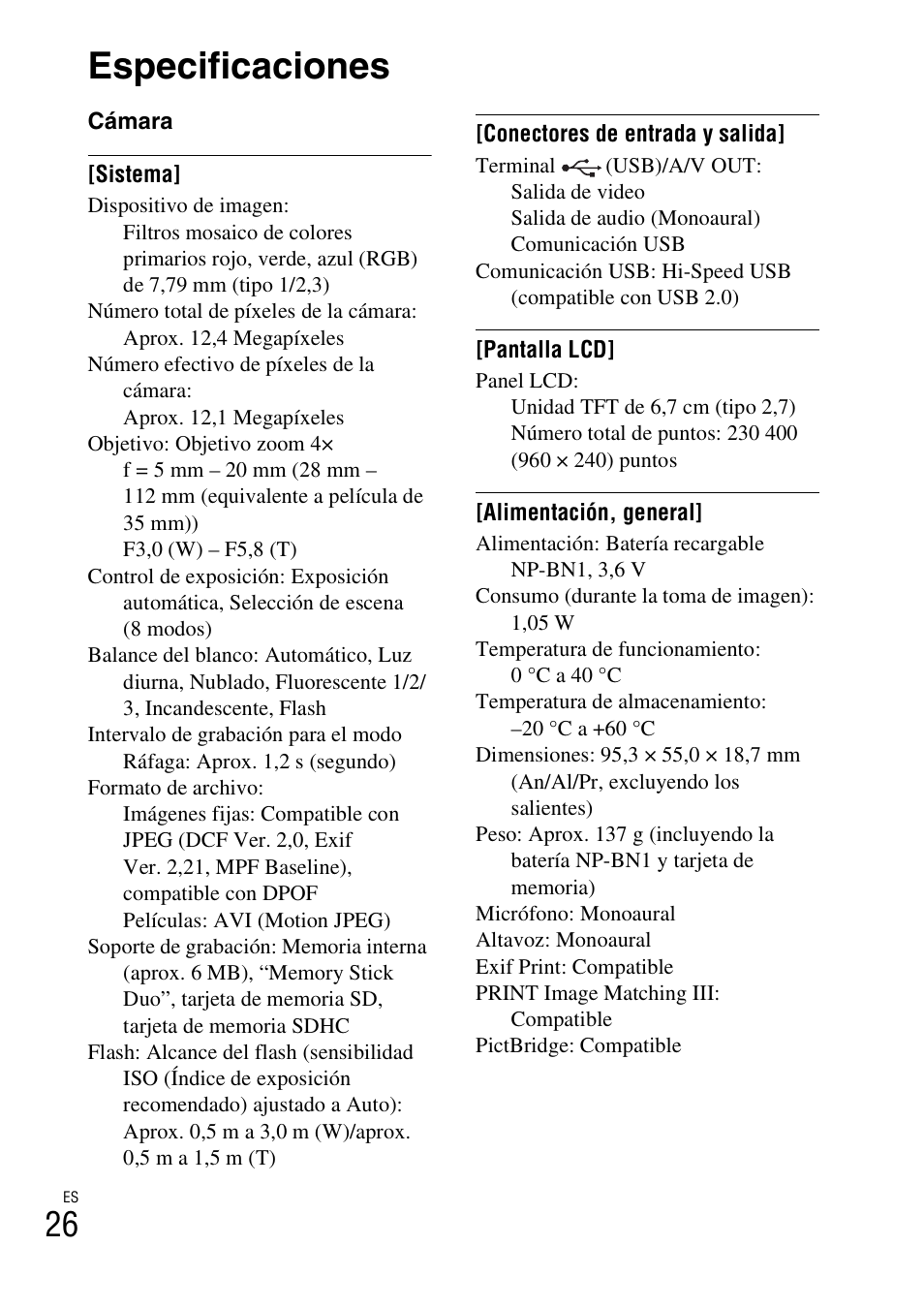 Especificaciones | Sony DSC-W310 User Manual | Page 108 / 515