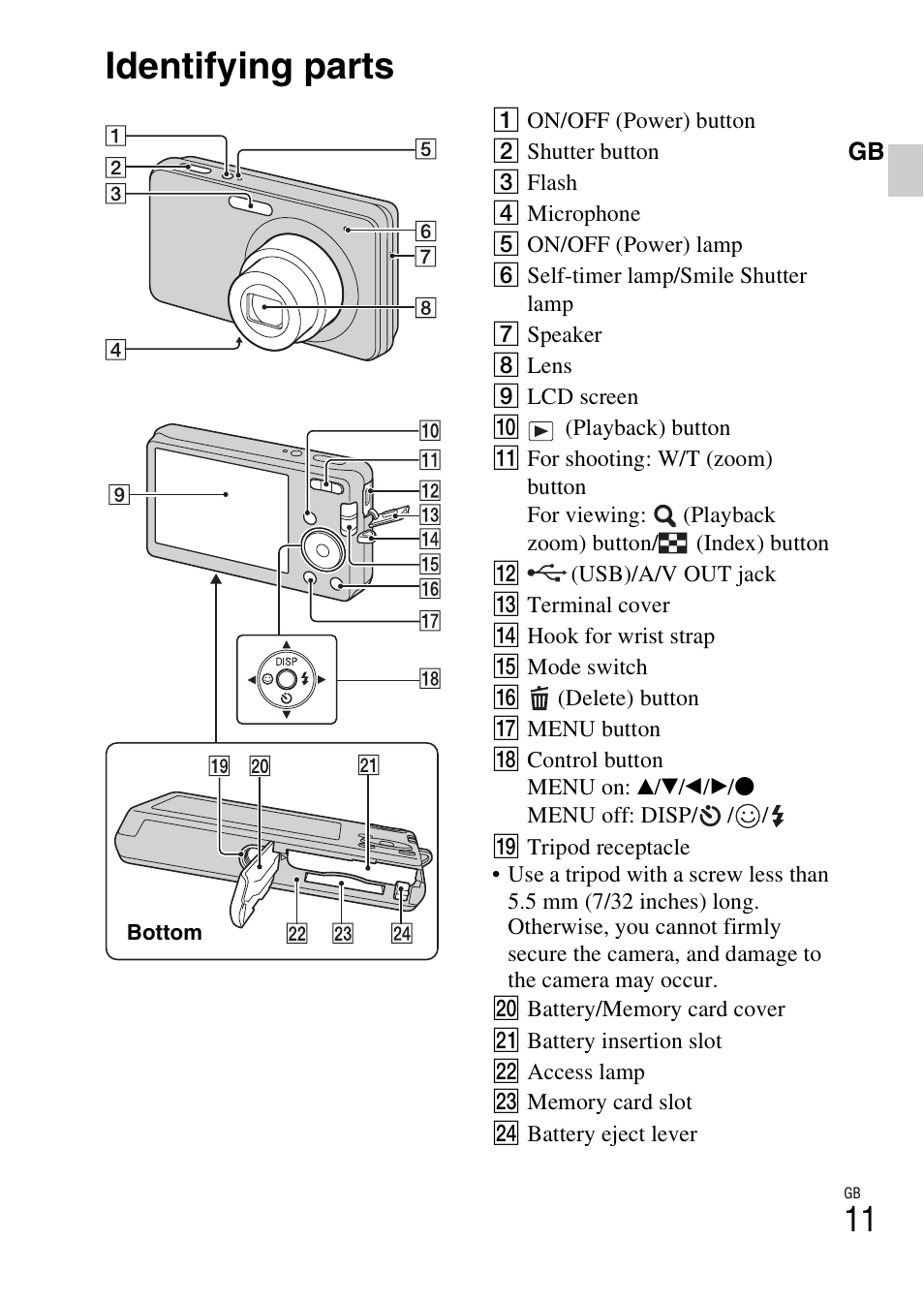Identifying parts | Sony DSC-W310 User Manual | Page 11 / 515
