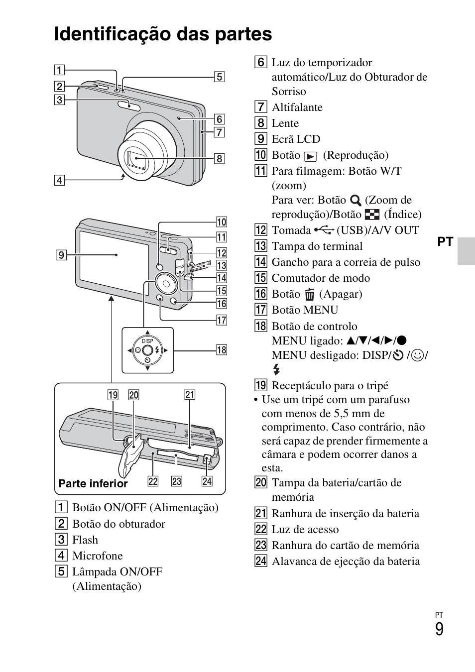 Identificação das partes | Sony DSC-W310 User Manual | Page 117 / 515