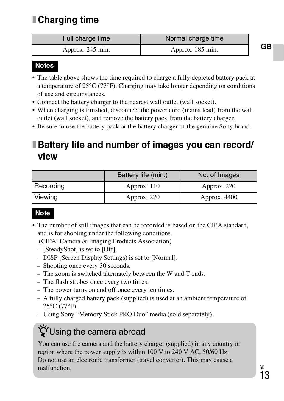 Xcharging time, Using the camera abroad | Sony DSC-W310 User Manual | Page 13 / 515
