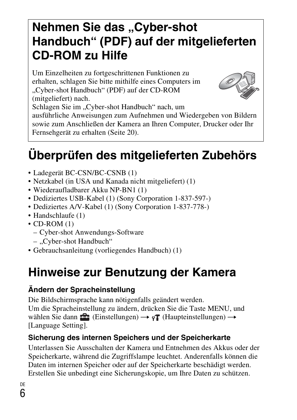 Überprüfen des mitgelieferten zubehörs, Hinweise zur benutzung der kamera | Sony DSC-W310 User Manual | Page 140 / 515