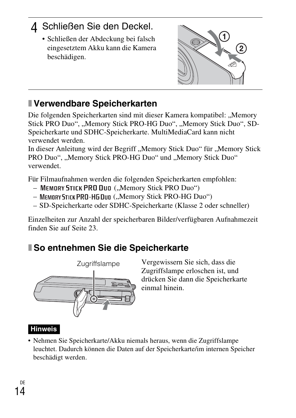 Schließen sie den deckel | Sony DSC-W310 User Manual | Page 148 / 515