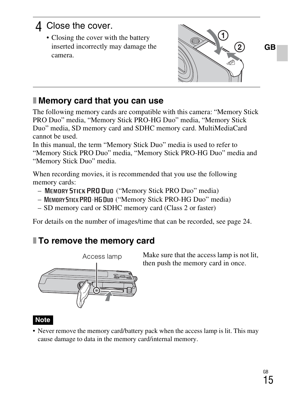 Close the cover | Sony DSC-W310 User Manual | Page 15 / 515