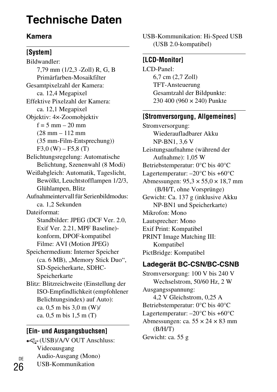 Technische daten | Sony DSC-W310 User Manual | Page 160 / 515