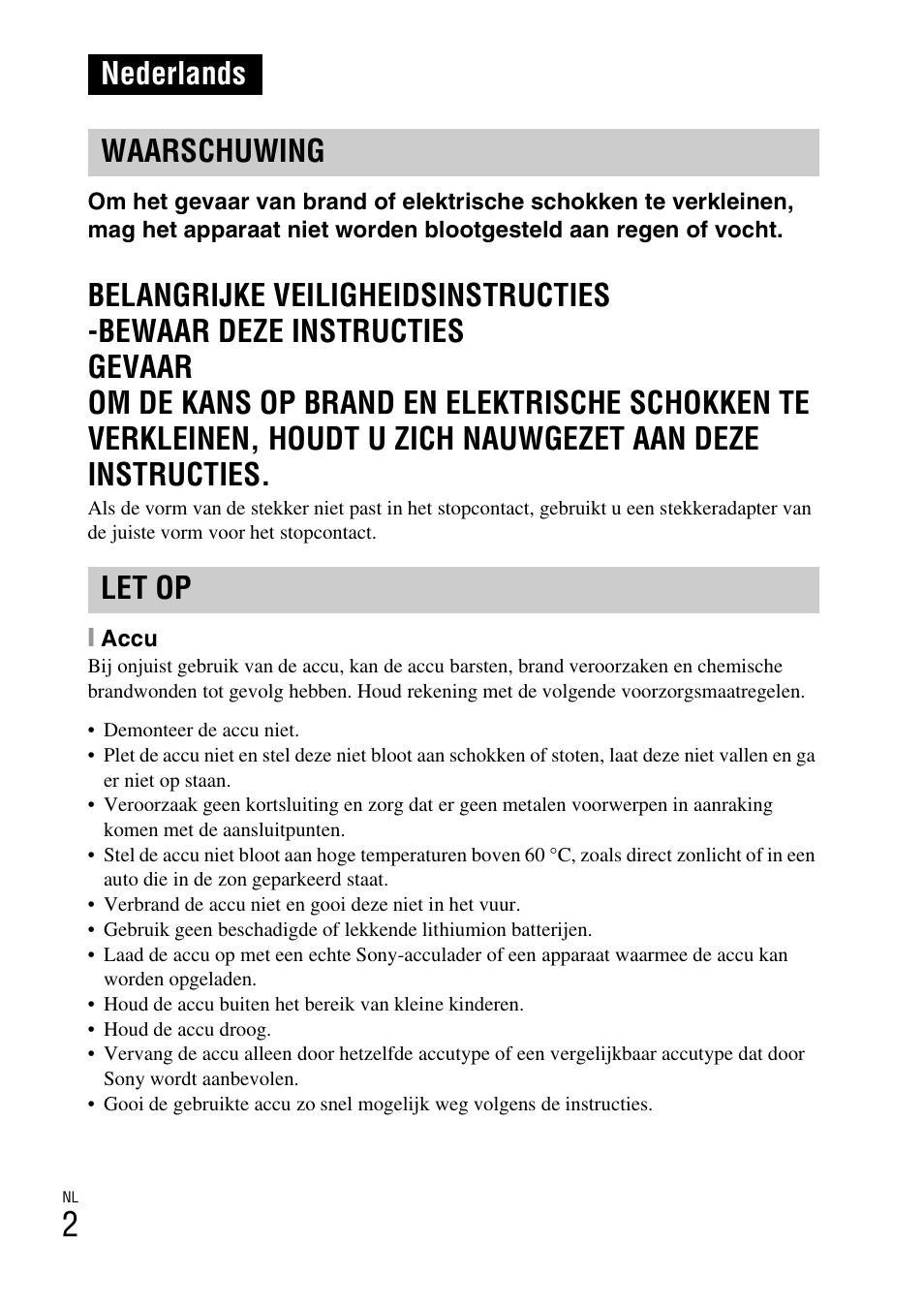 Nederlands, Nederlands waarschuwing let op | Sony DSC-W310 User Manual | Page 162 / 515