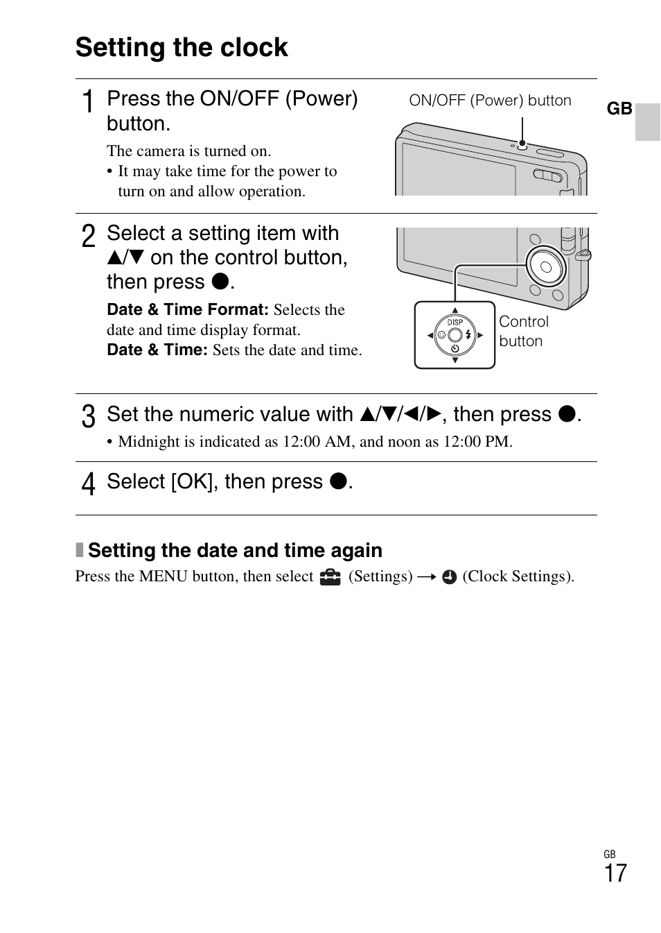 Setting the clock | Sony DSC-W310 User Manual | Page 17 / 515