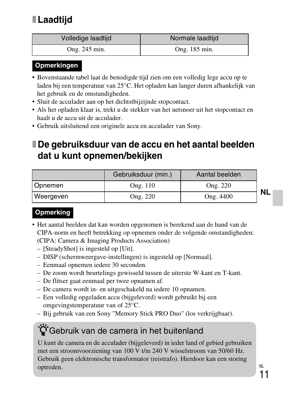 Xlaadtijd, Gebruik van de camera in het buitenland | Sony DSC-W310 User Manual | Page 171 / 515