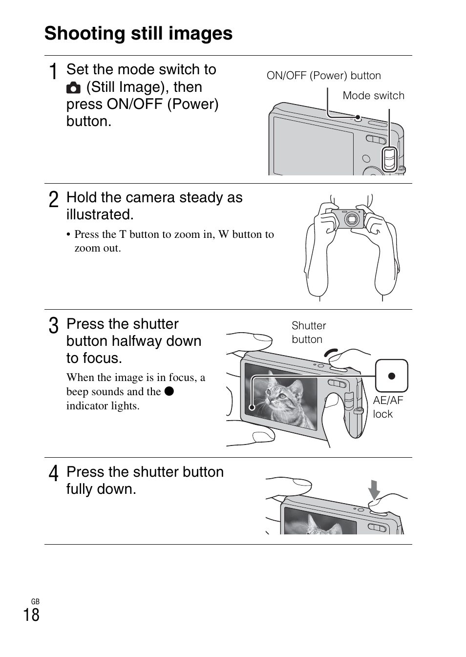 Shooting still images | Sony DSC-W310 User Manual | Page 18 / 515