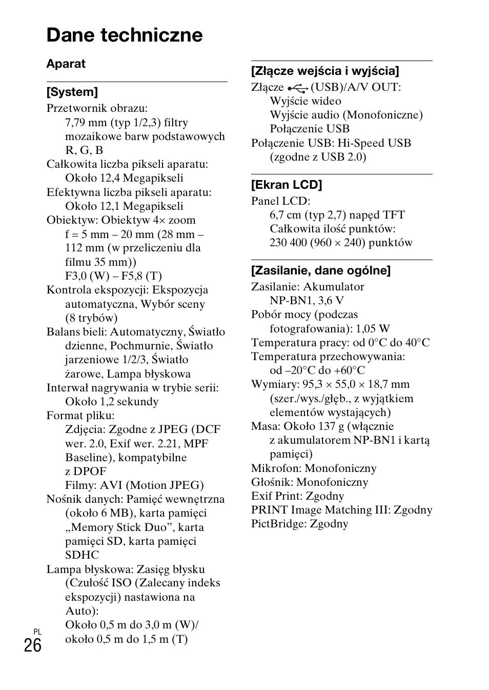 Dane techniczne | Sony DSC-W310 User Manual | Page 212 / 515