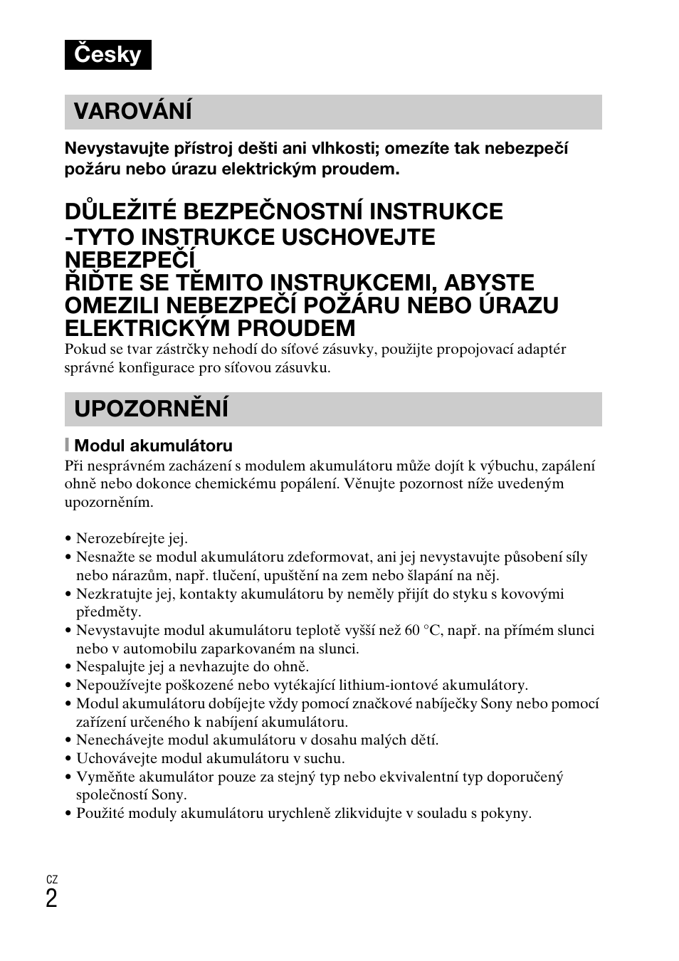 Česky, Česky varování upozornění | Sony DSC-W310 User Manual | Page 216 / 515