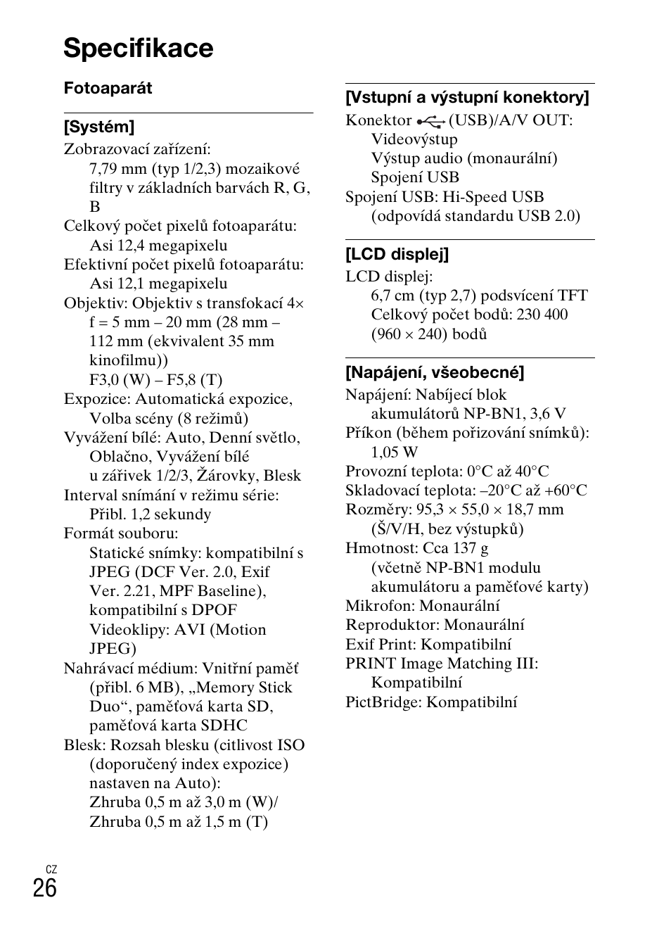 Specifikace | Sony DSC-W310 User Manual | Page 240 / 515