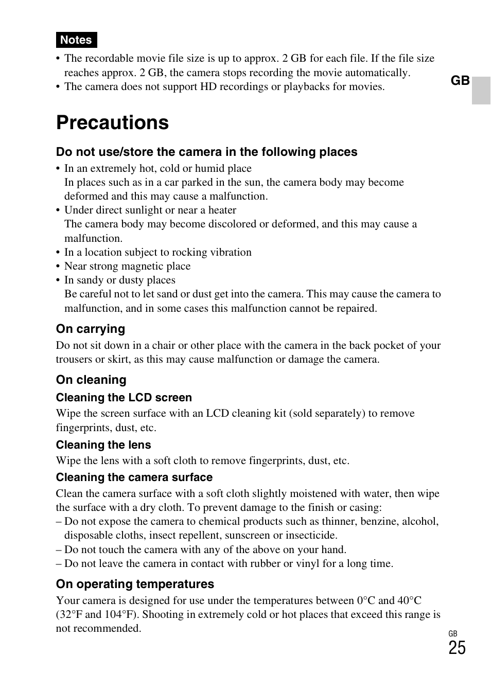 Precautions | Sony DSC-W310 User Manual | Page 25 / 515