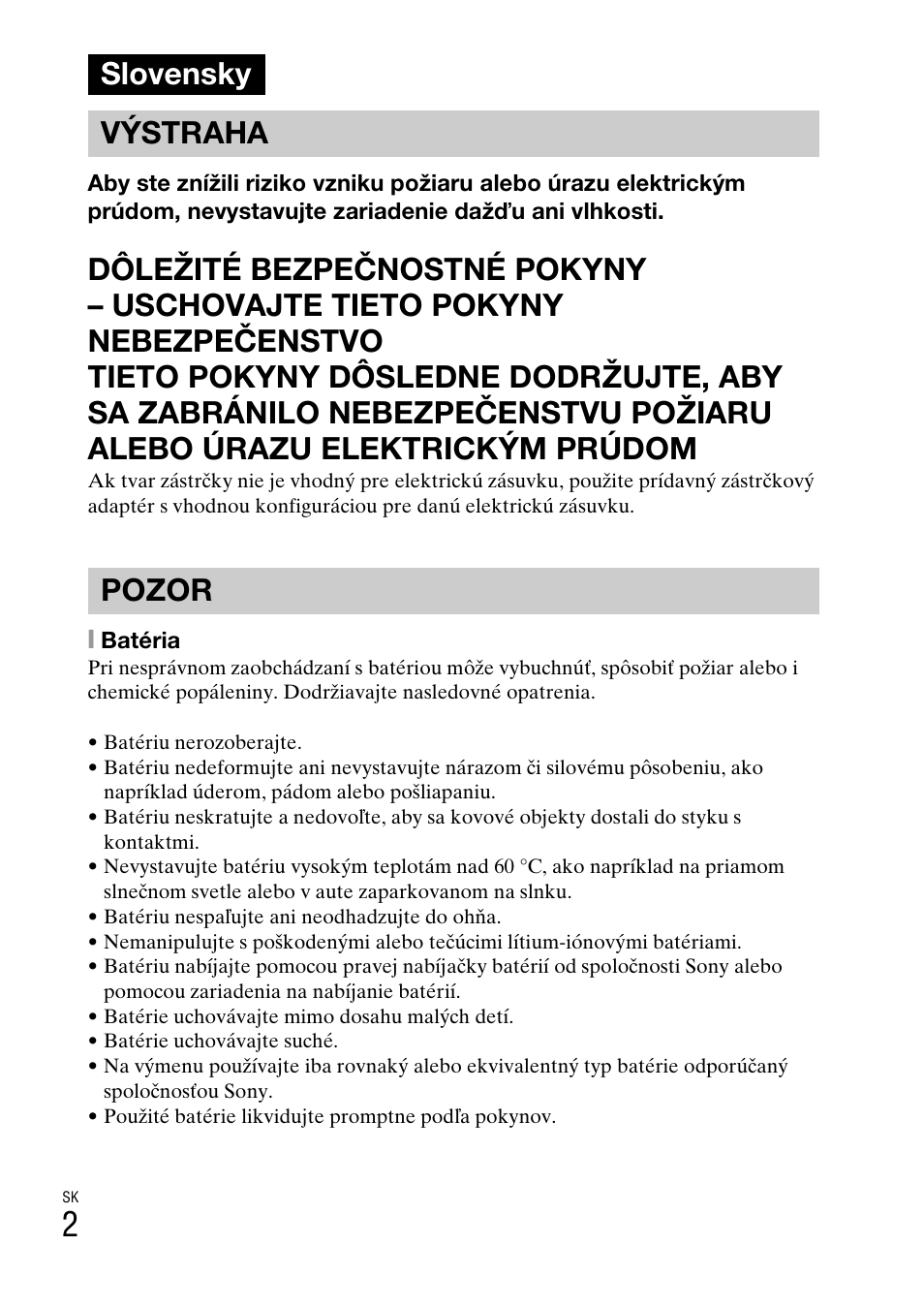 Slovensky, Slovensky výstraha pozor | Sony DSC-W310 User Manual | Page 268 / 515
