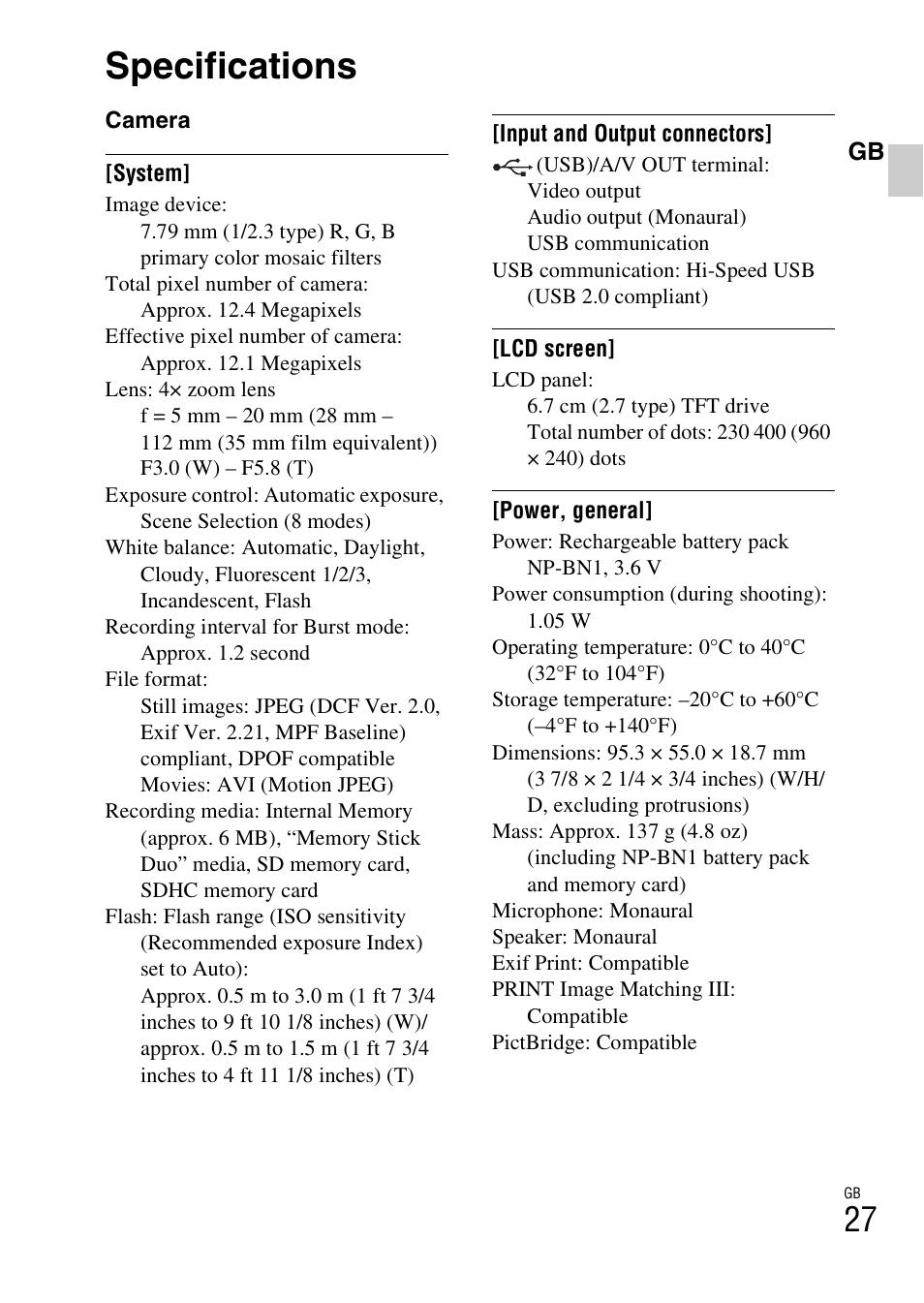 Specifications | Sony DSC-W310 User Manual | Page 27 / 515