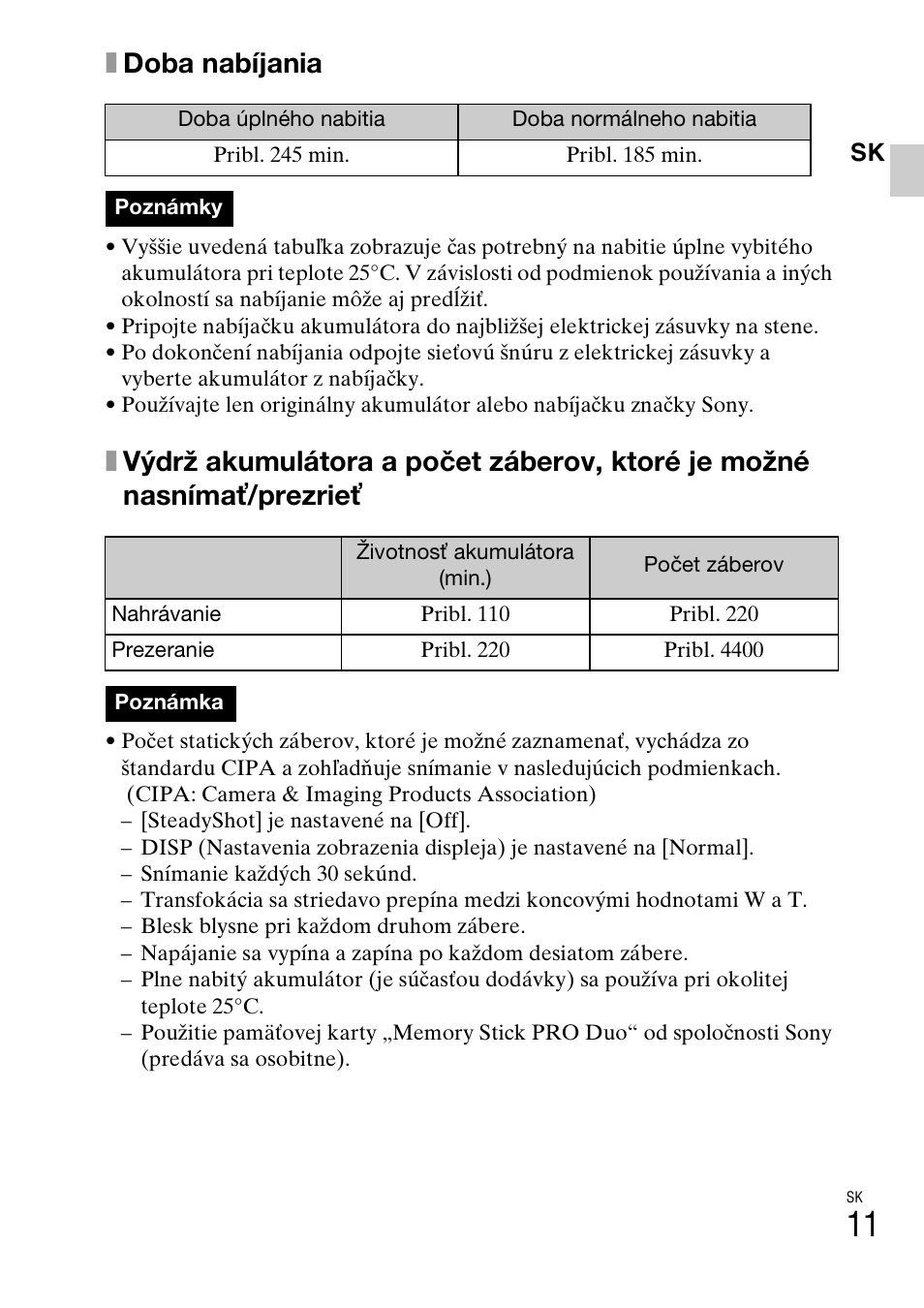 Xdoba nabíjania | Sony DSC-W310 User Manual | Page 277 / 515