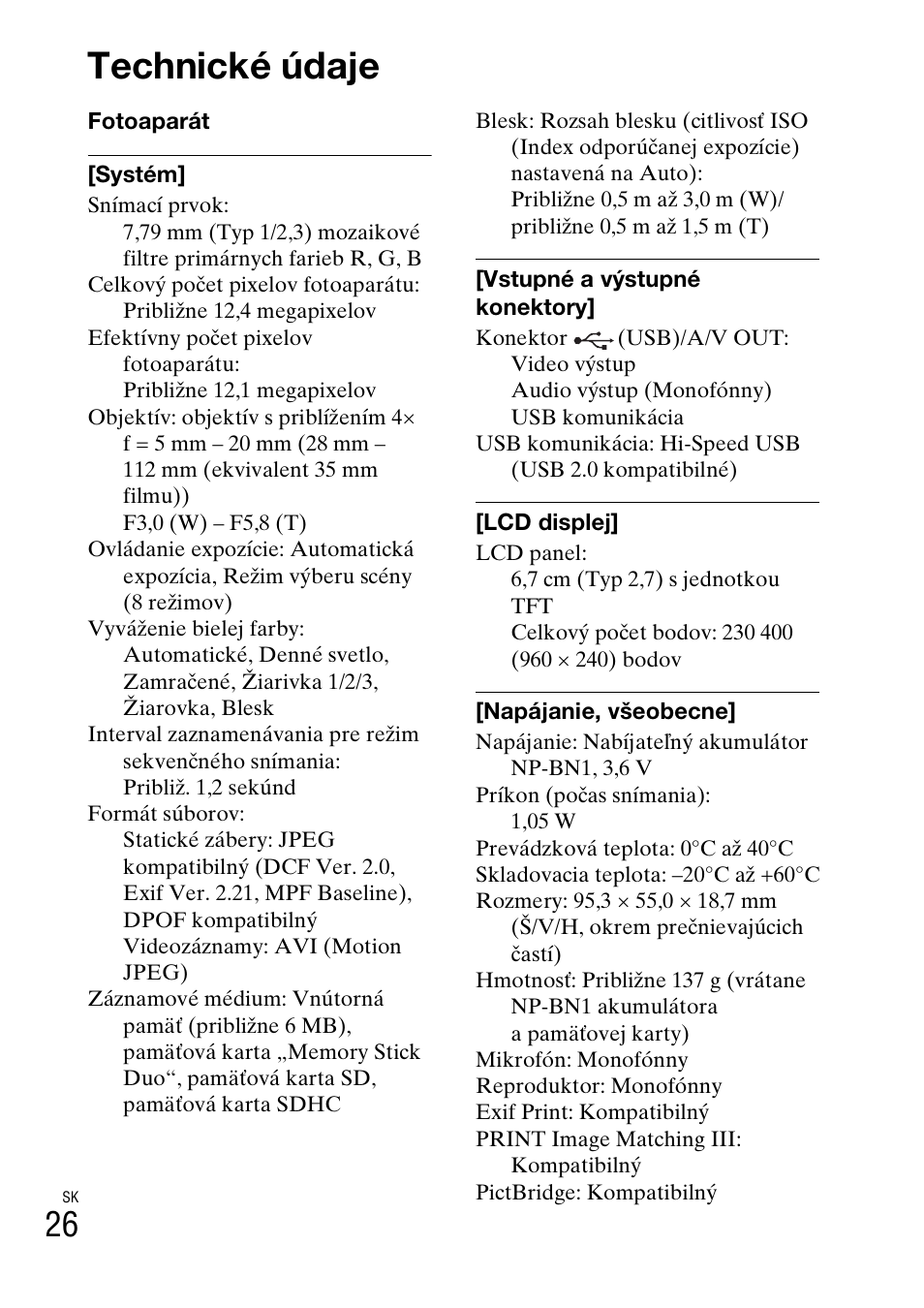 Technické údaje | Sony DSC-W310 User Manual | Page 292 / 515