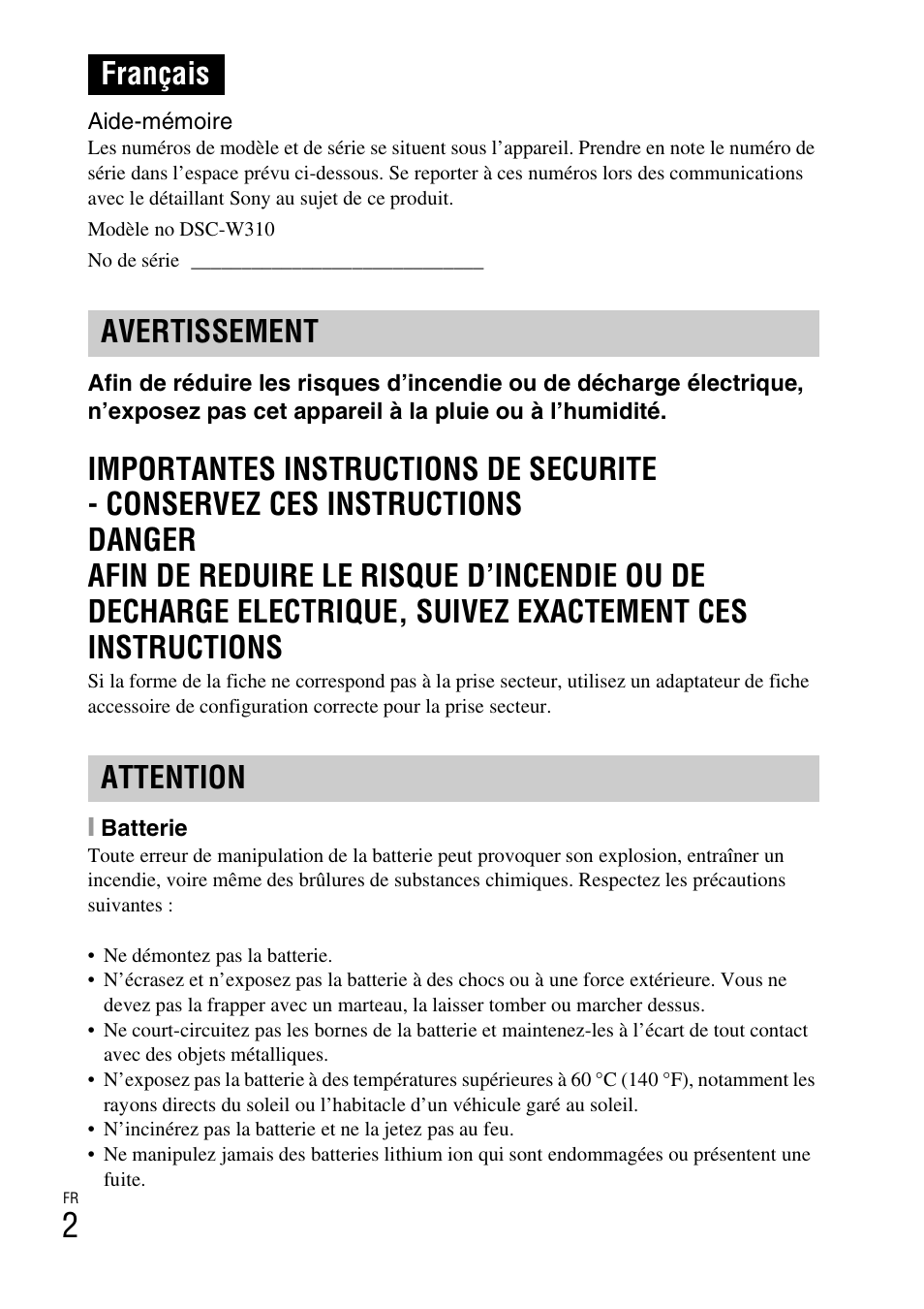 Français, Français avertissement attention | Sony DSC-W310 User Manual | Page 30 / 515