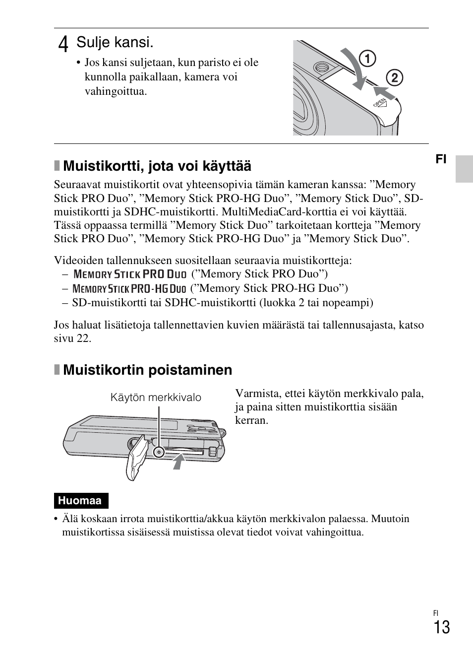 Sulje kansi | Sony DSC-W310 User Manual | Page 333 / 515