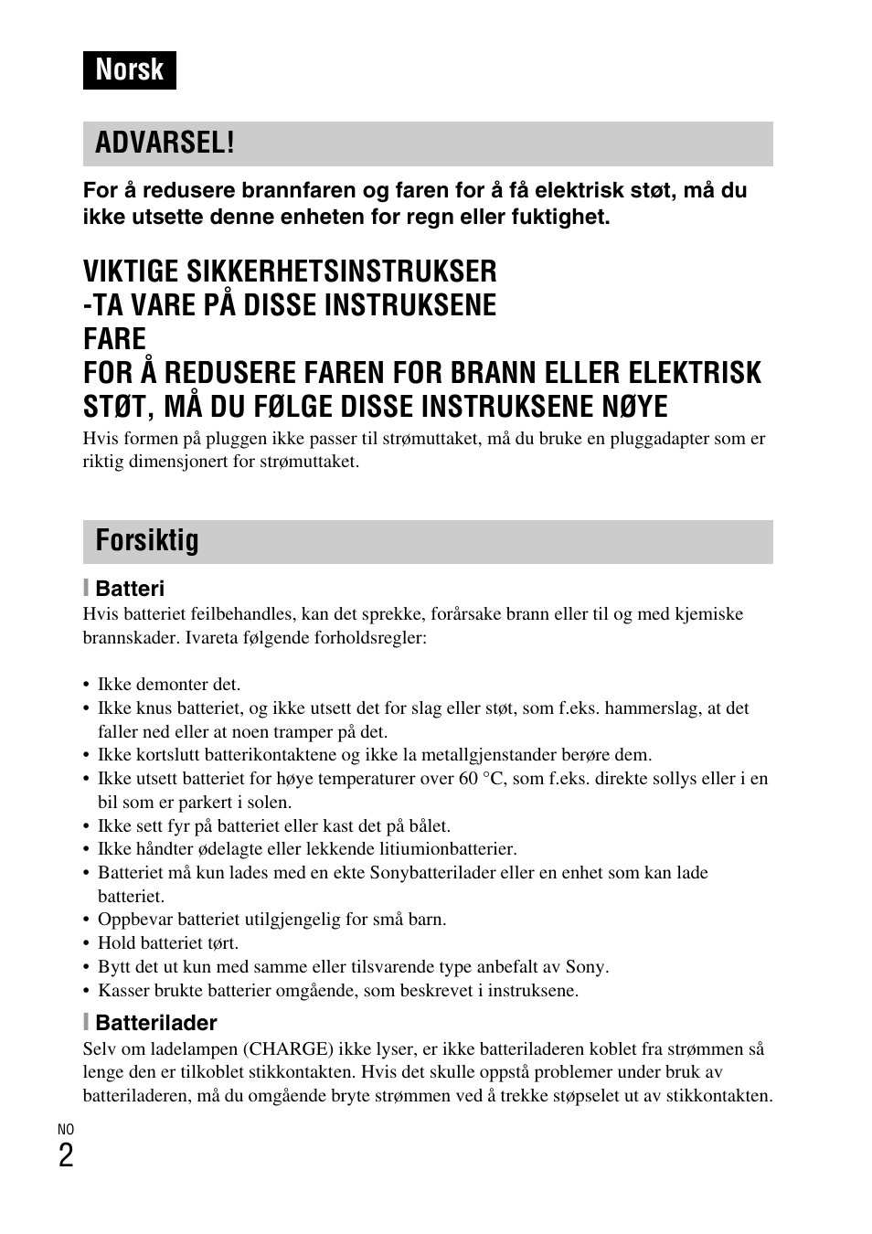 Norsk, Norsk advarsel! forsiktig | Sony DSC-W310 User Manual | Page 348 / 515