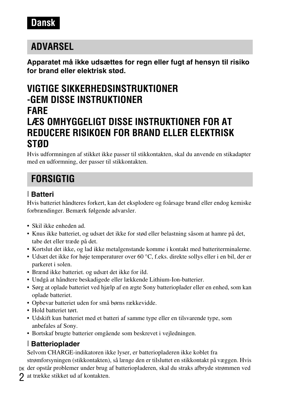 Dansk, Dansk advarsel forsigtig | Sony DSC-W310 User Manual | Page 374 / 515