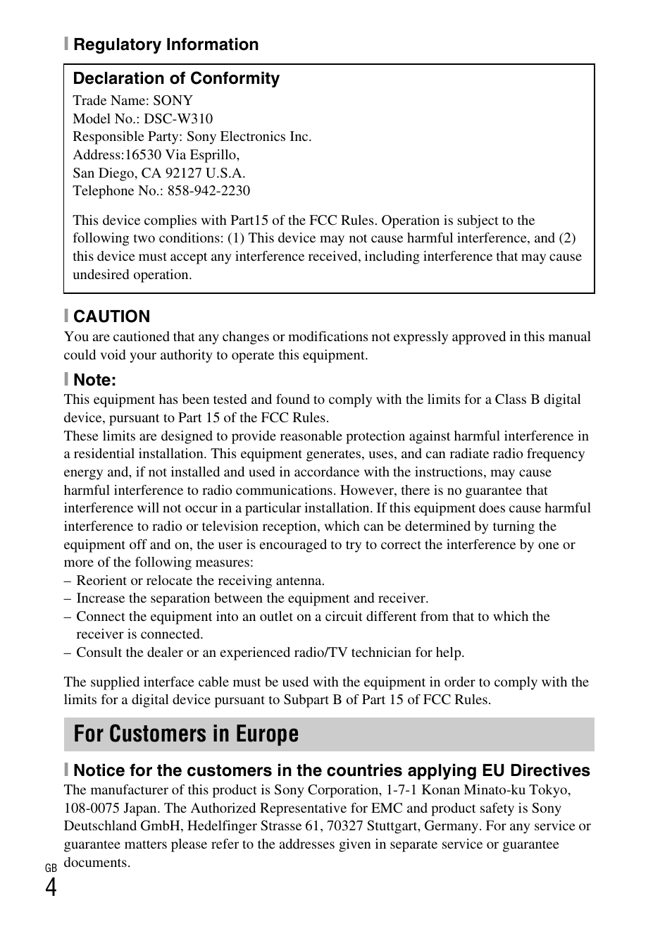 For customers in europe | Sony DSC-W310 User Manual | Page 4 / 515