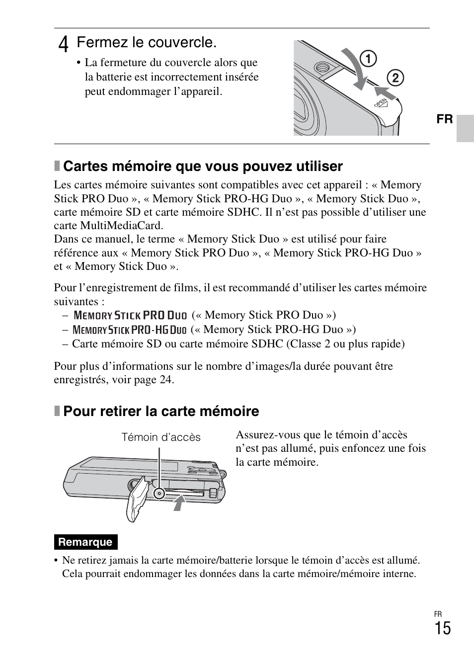 Fermez le couvercle | Sony DSC-W310 User Manual | Page 43 / 515