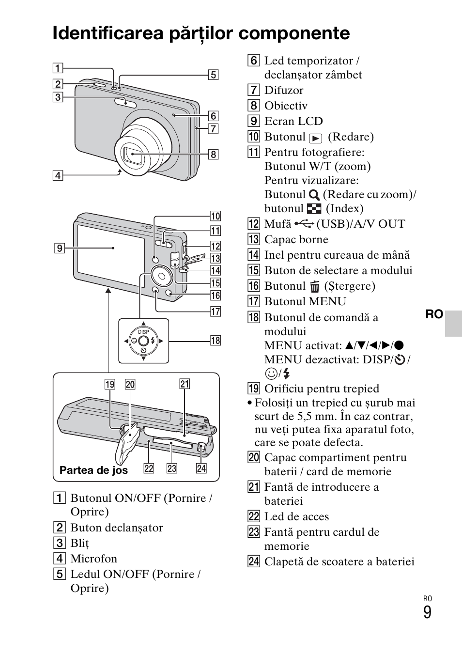 Identificarea părţilor componente | Sony DSC-W310 User Manual | Page 435 / 515