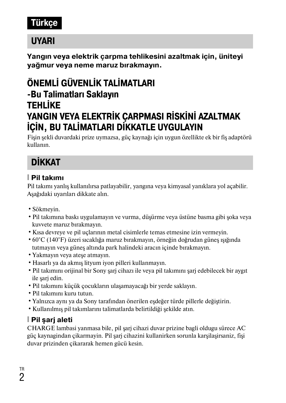 Türkçe, Türkçe uyari dikkat | Sony DSC-W310 User Manual | Page 454 / 515