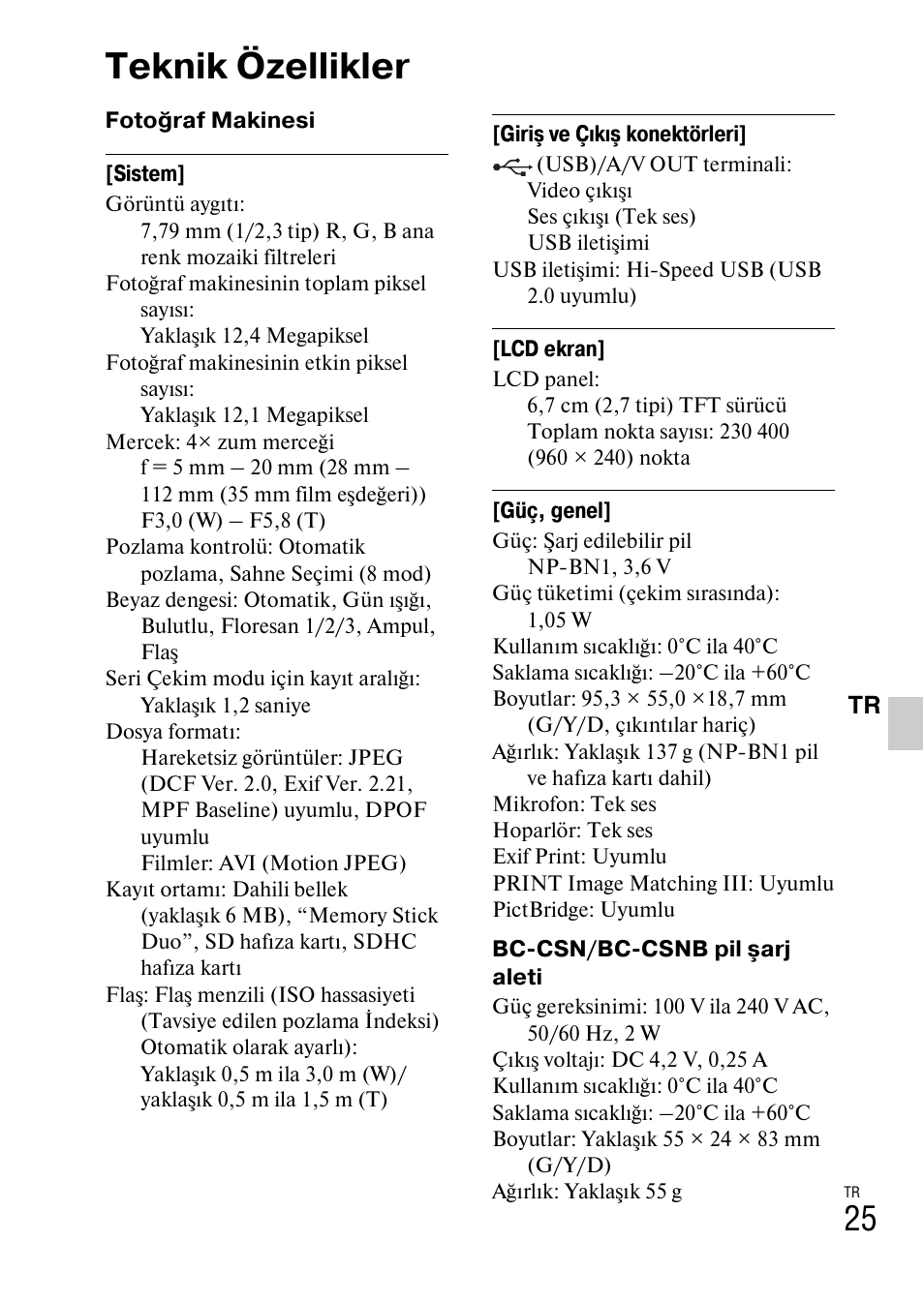 Teknik özellikler | Sony DSC-W310 User Manual | Page 477 / 515