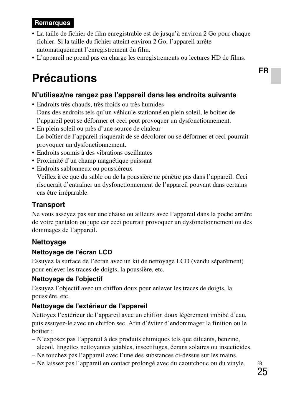 Précautions | Sony DSC-W310 User Manual | Page 53 / 515