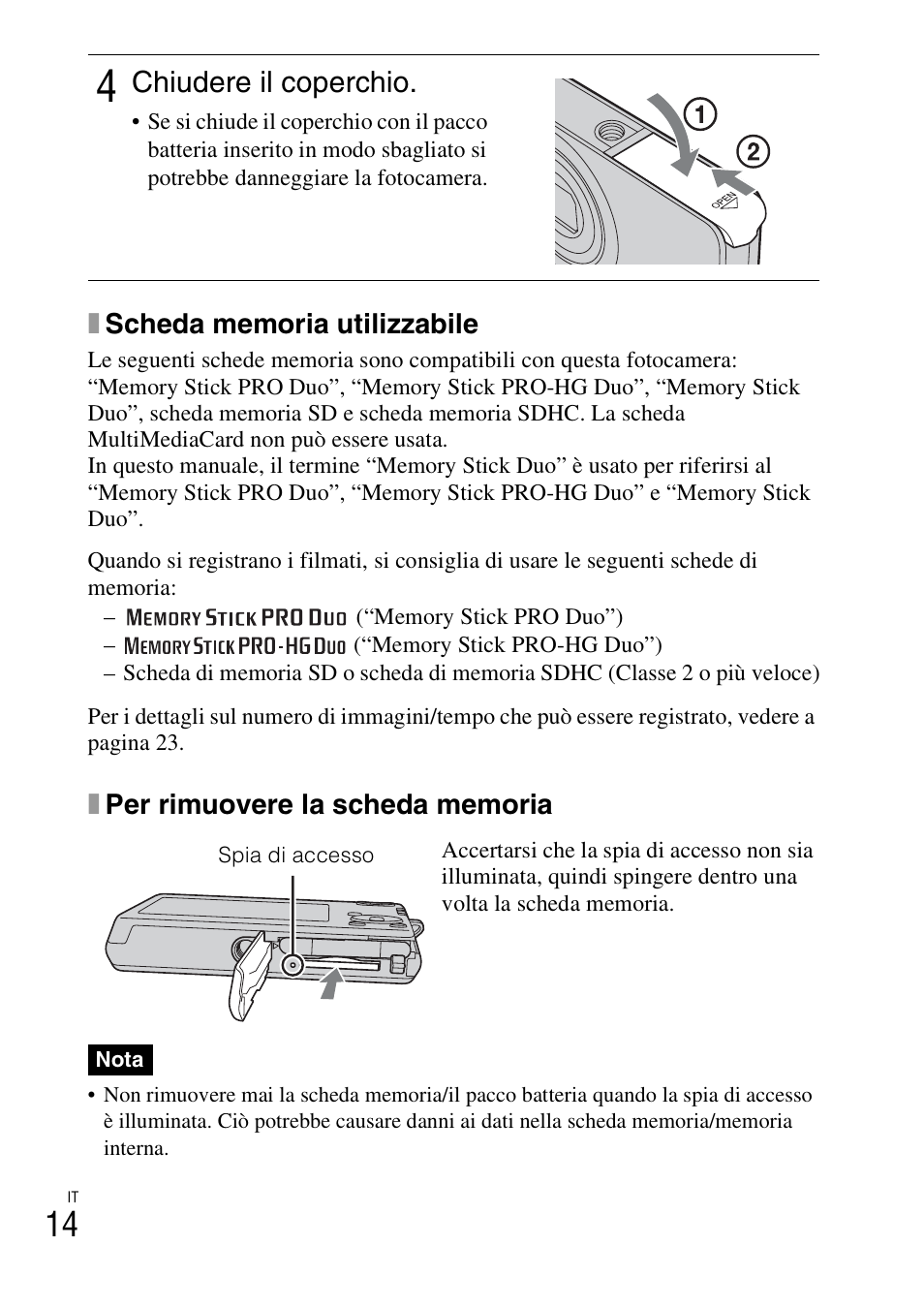 Chiudere il coperchio | Sony DSC-W310 User Manual | Page 70 / 515