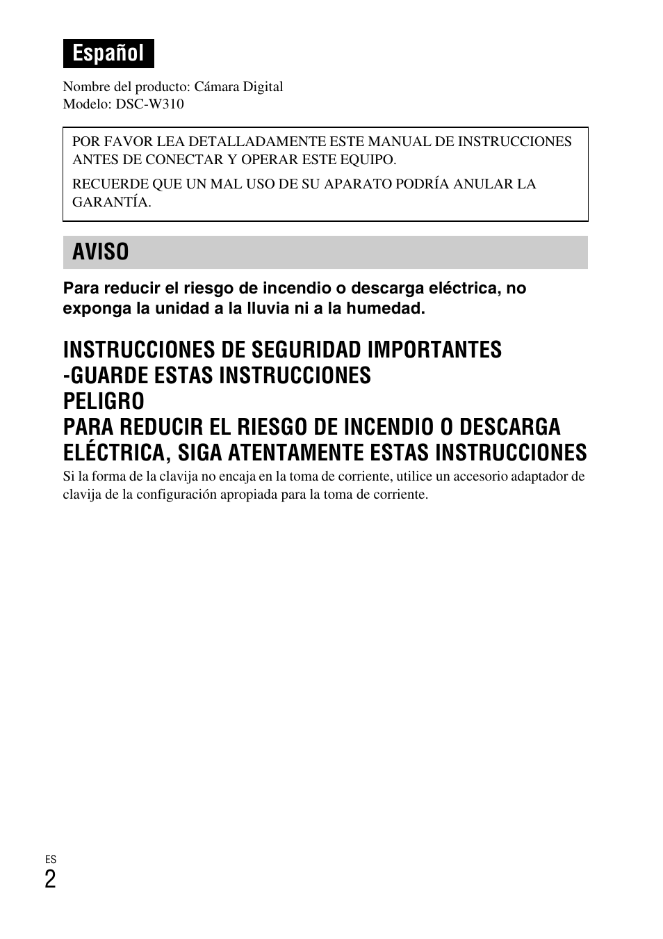 Español, Aviso | Sony DSC-W310 User Manual | Page 84 / 515