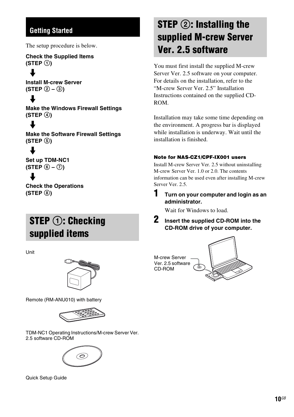 Getting started, Step 1: checking supplied items, Server ver. 2.5 software | Step 1 : checking supplied items | Sony TDM-NC1 User Manual | Page 10 / 467
