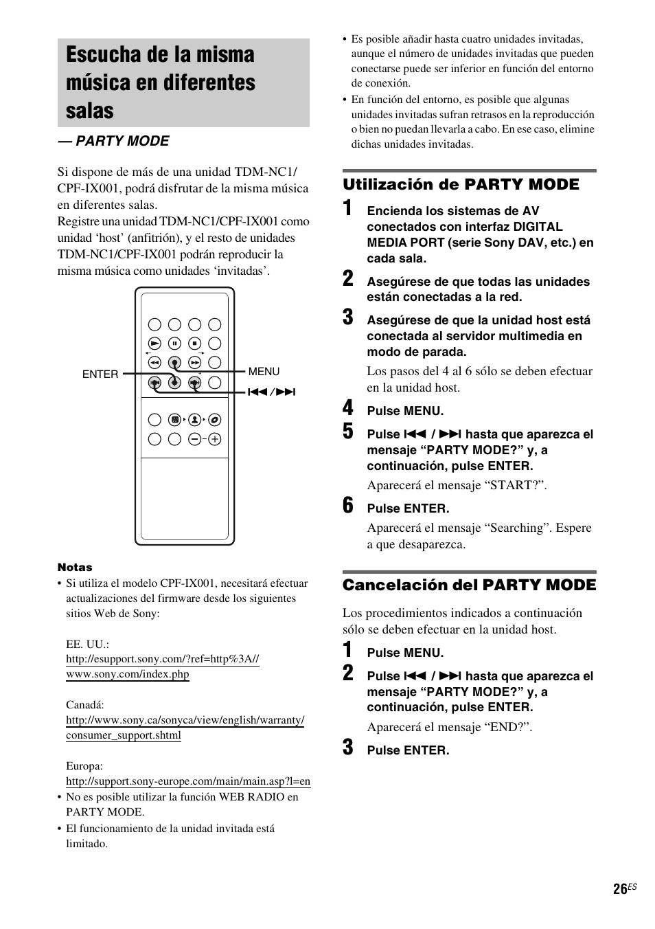 Escucha de la misma música en diferentes salas, Party mode, Escucha de la misma música en diferentes | Salas — party mode | Sony TDM-NC1 User Manual | Page 110 / 467