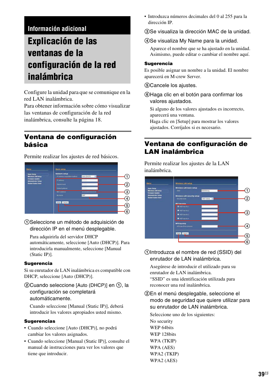 Información adicional, Explicación de las ventanas de la, Configuración de la red inalámbrica | Ventana de configuración básica, Ventana de configuración de lan inalámbrica | Sony TDM-NC1 User Manual | Page 123 / 467