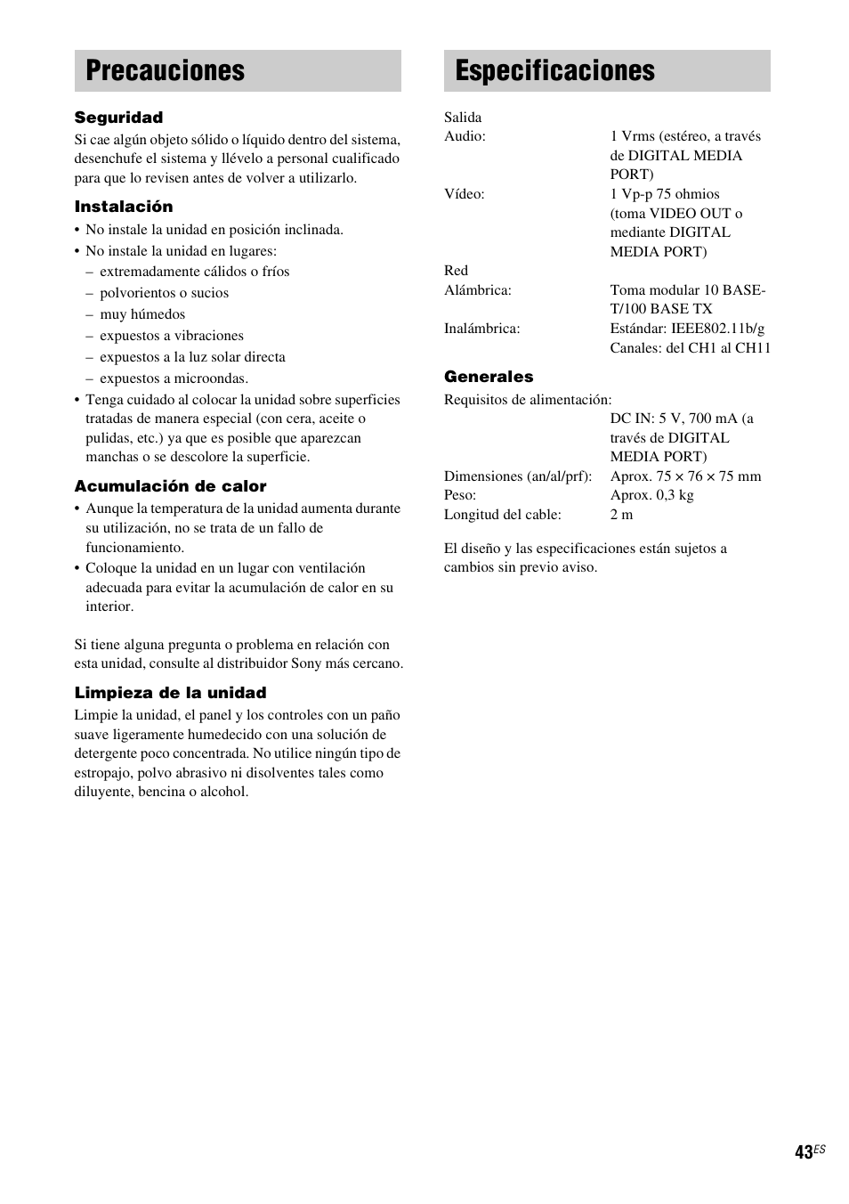 Precauciones, Especificaciones, Precauciones especificaciones | Sony TDM-NC1 User Manual | Page 127 / 467