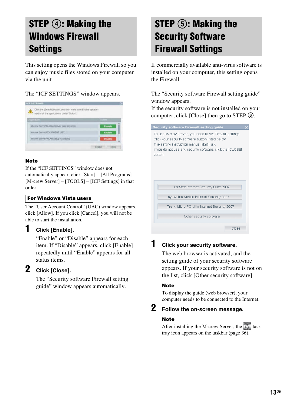 Step 4: making the windows firewall settings, Step 4: making the windows firewall, Settings | Step 5: making the security software, Firewall settings, Step 4 : making the windows firewall settings | Sony TDM-NC1 User Manual | Page 13 / 467