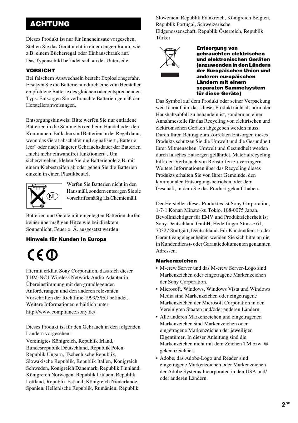 Achtung | Sony TDM-NC1 User Manual | Page 130 / 467