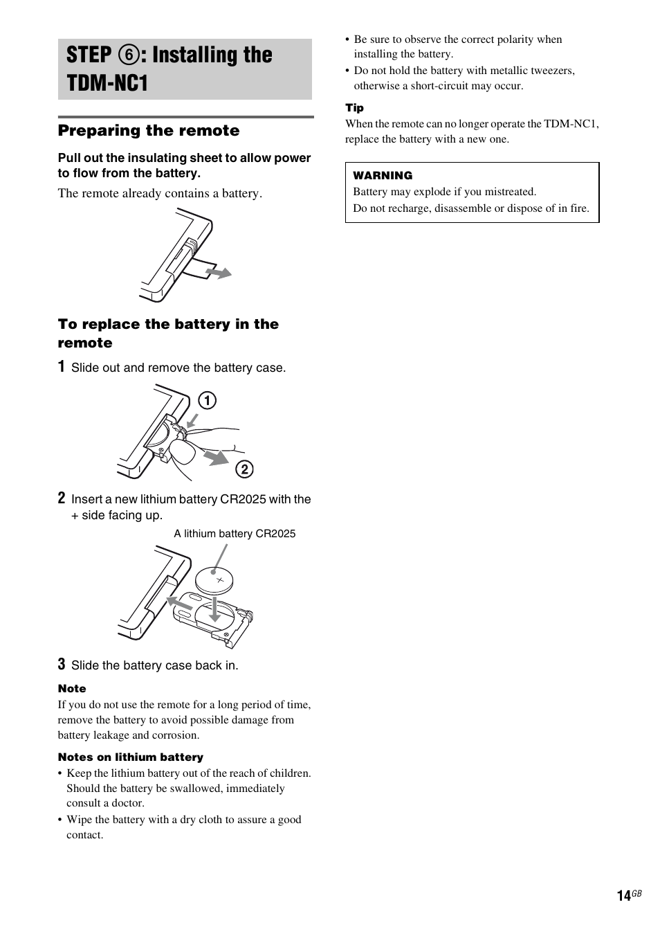 Step 6: installing the tdm-nc1, Step 6 : installing the tdm-nc1, Preparing the remote | Sony TDM-NC1 User Manual | Page 14 / 467