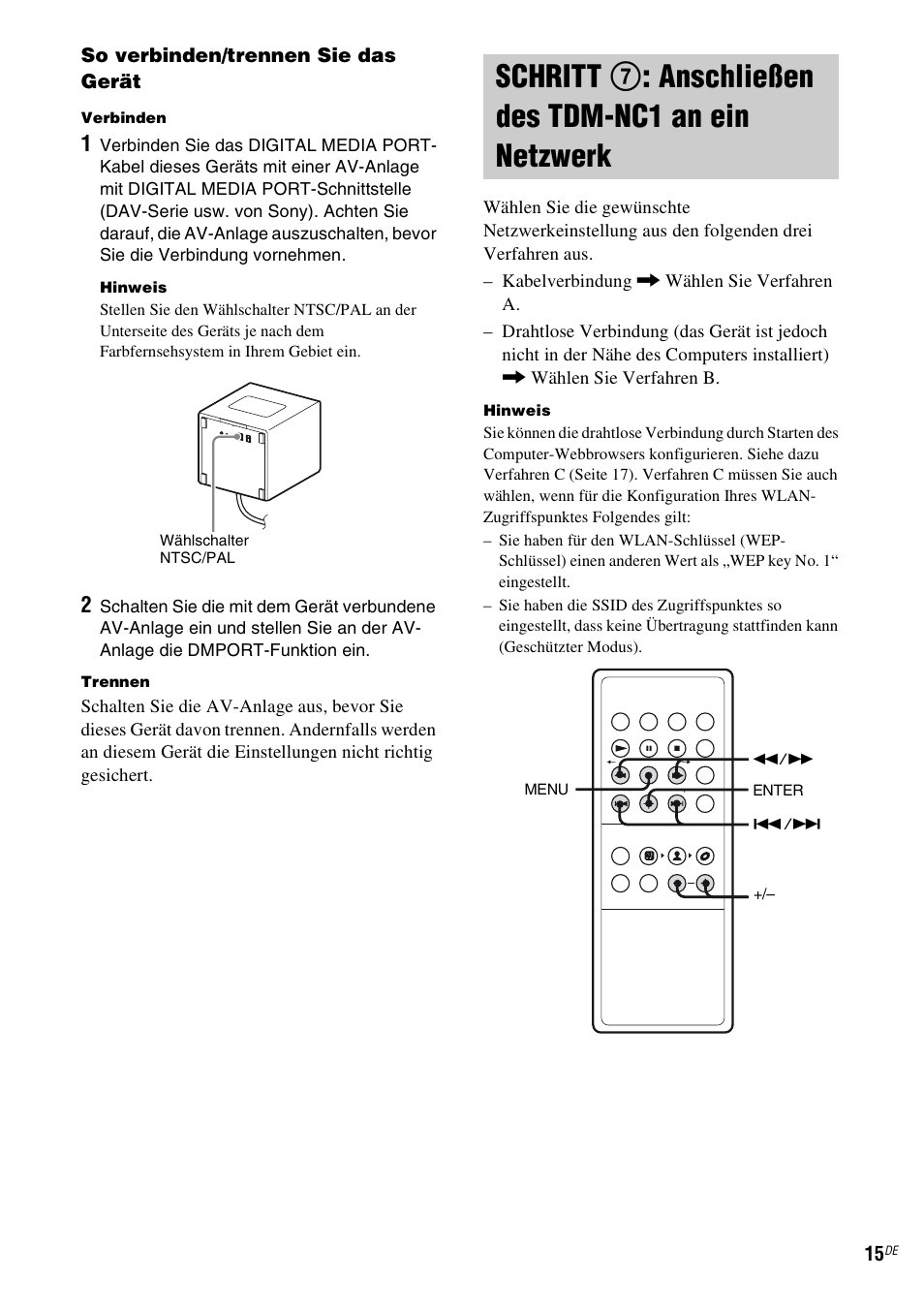 Schritt 7: anschließen des tdm-nc1 an ein netzwerk, Schritt 7: anschließen des, Tdm-nc1 an ein netzwerk | Sony TDM-NC1 User Manual | Page 143 / 467
