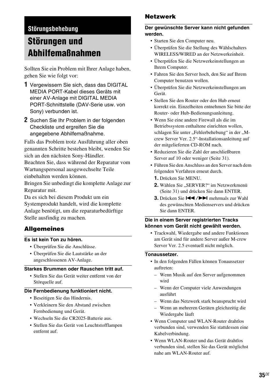 Störungsbehebung, Störungen und abhilfemaßnahmen | Sony TDM-NC1 User Manual | Page 163 / 467