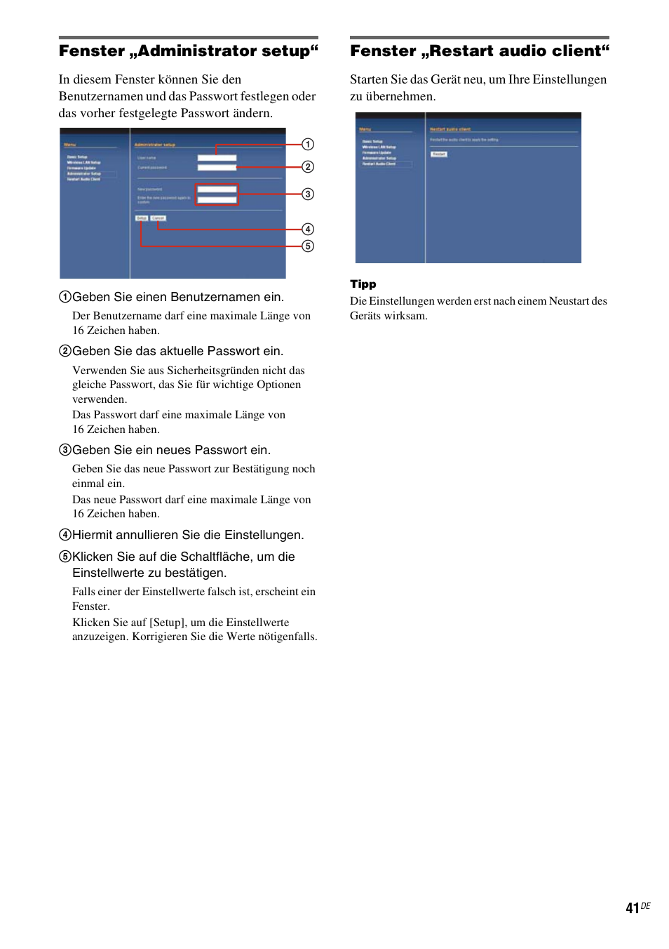 Fenster „administrator setup, Fenster „restart audio client | Sony TDM-NC1 User Manual | Page 169 / 467