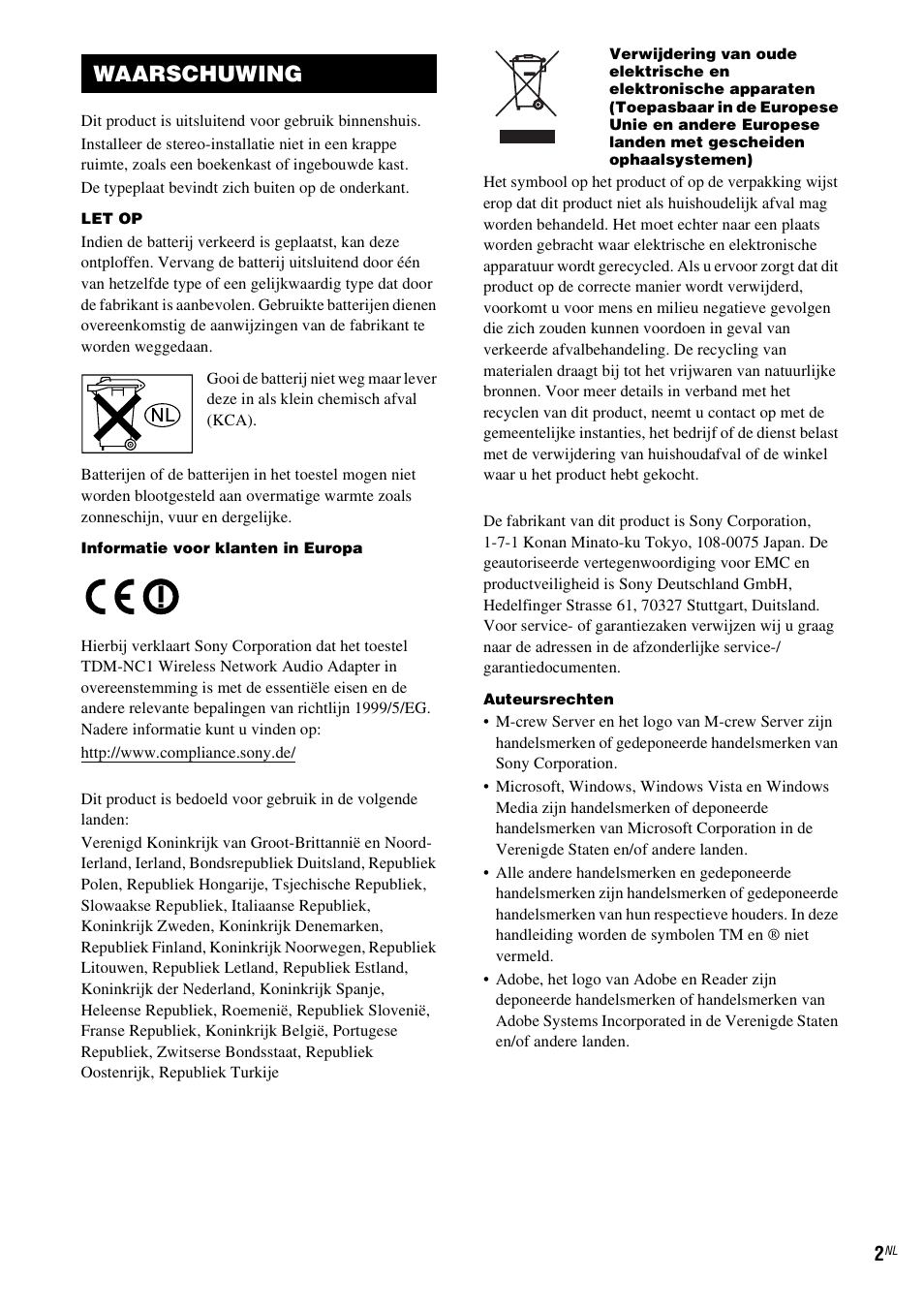 Waarschuwing | Sony TDM-NC1 User Manual | Page 174 / 467