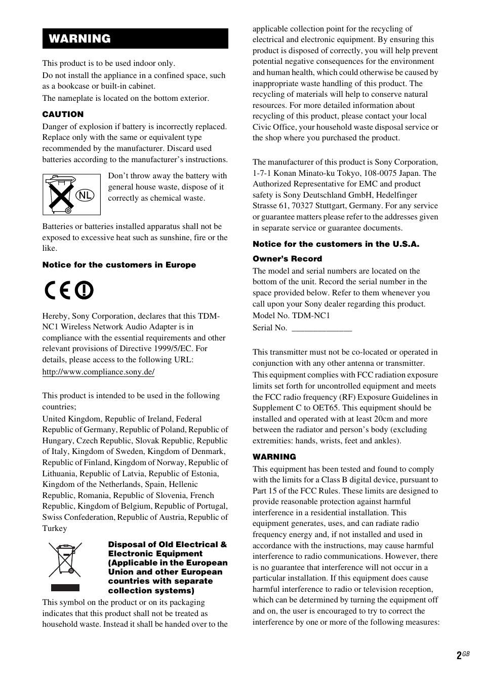 Warning | Sony TDM-NC1 User Manual | Page 2 / 467