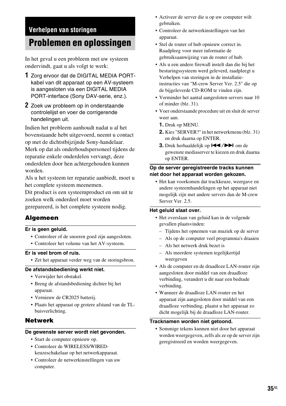 Verhelpen van storingen, Problemen en oplossingen | Sony TDM-NC1 User Manual | Page 207 / 467