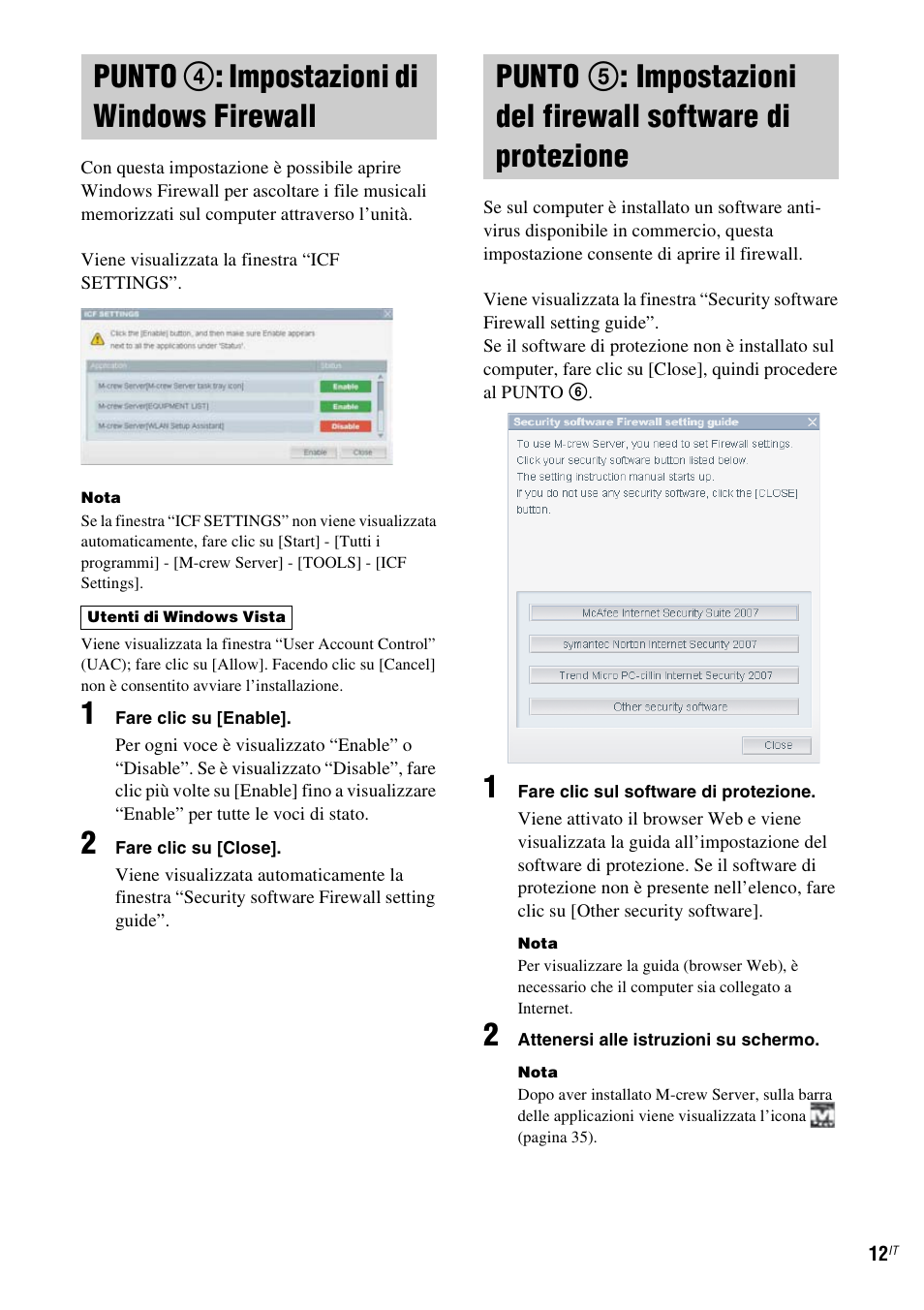 Punto 4: impostazioni diwindows firewall, Punto 4: impostazioni di windows, Firewall | Punto 5: impostazioni del firewall, Software di protezione, Punto 4 : impostazioni di windows firewall | Sony TDM-NC1 User Manual | Page 227 / 467