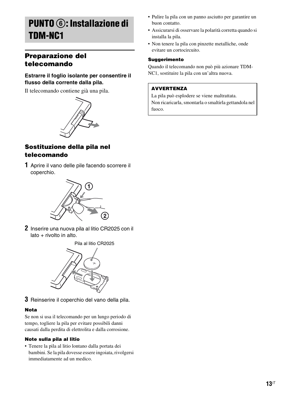 Punto 6: installazione di tdm-nc1, Punto 6: installazione di, Tdm-nc1 | Punto 6 : installazione di tdm-nc1, Preparazione del telecomando | Sony TDM-NC1 User Manual | Page 228 / 467