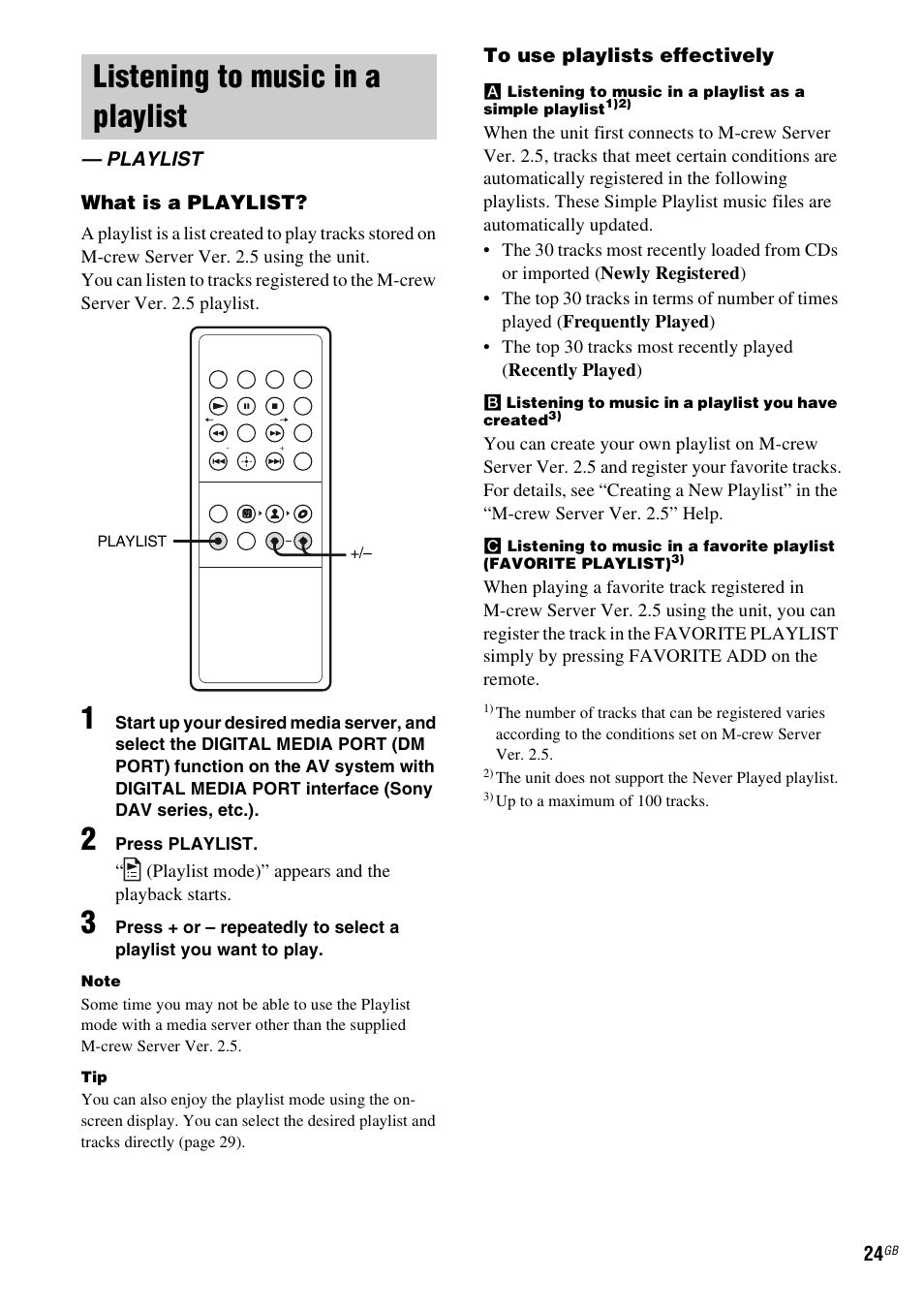 Listening to music in a playlist, Playlist | Sony TDM-NC1 User Manual | Page 24 / 467