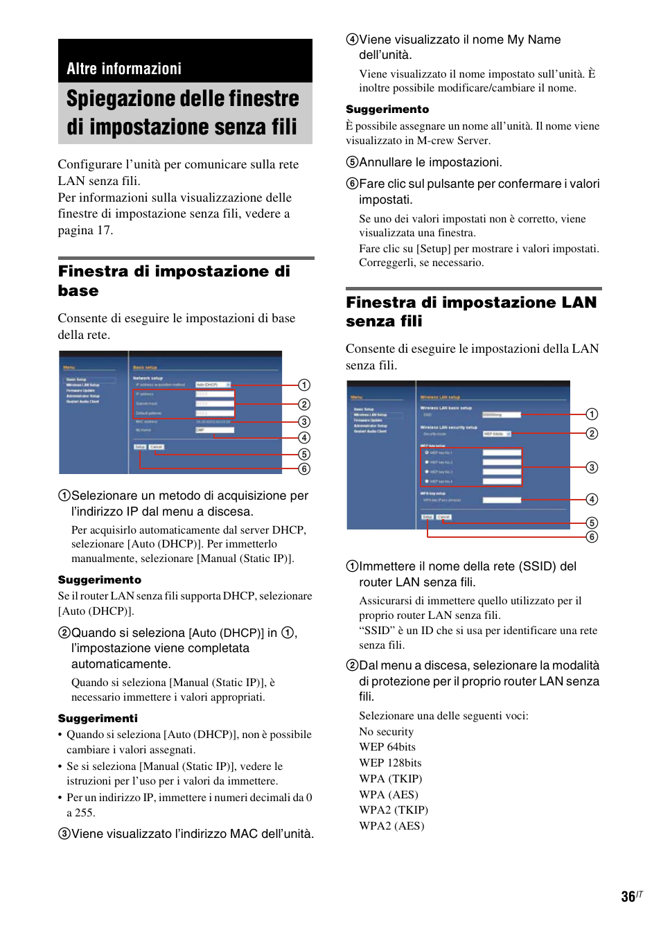 Altre informazioni, Spiegazione delle finestre di impostazione, Senza fili | Finestra di impostazione di base, Finestra di impostazione lan senza fili | Sony TDM-NC1 User Manual | Page 251 / 467